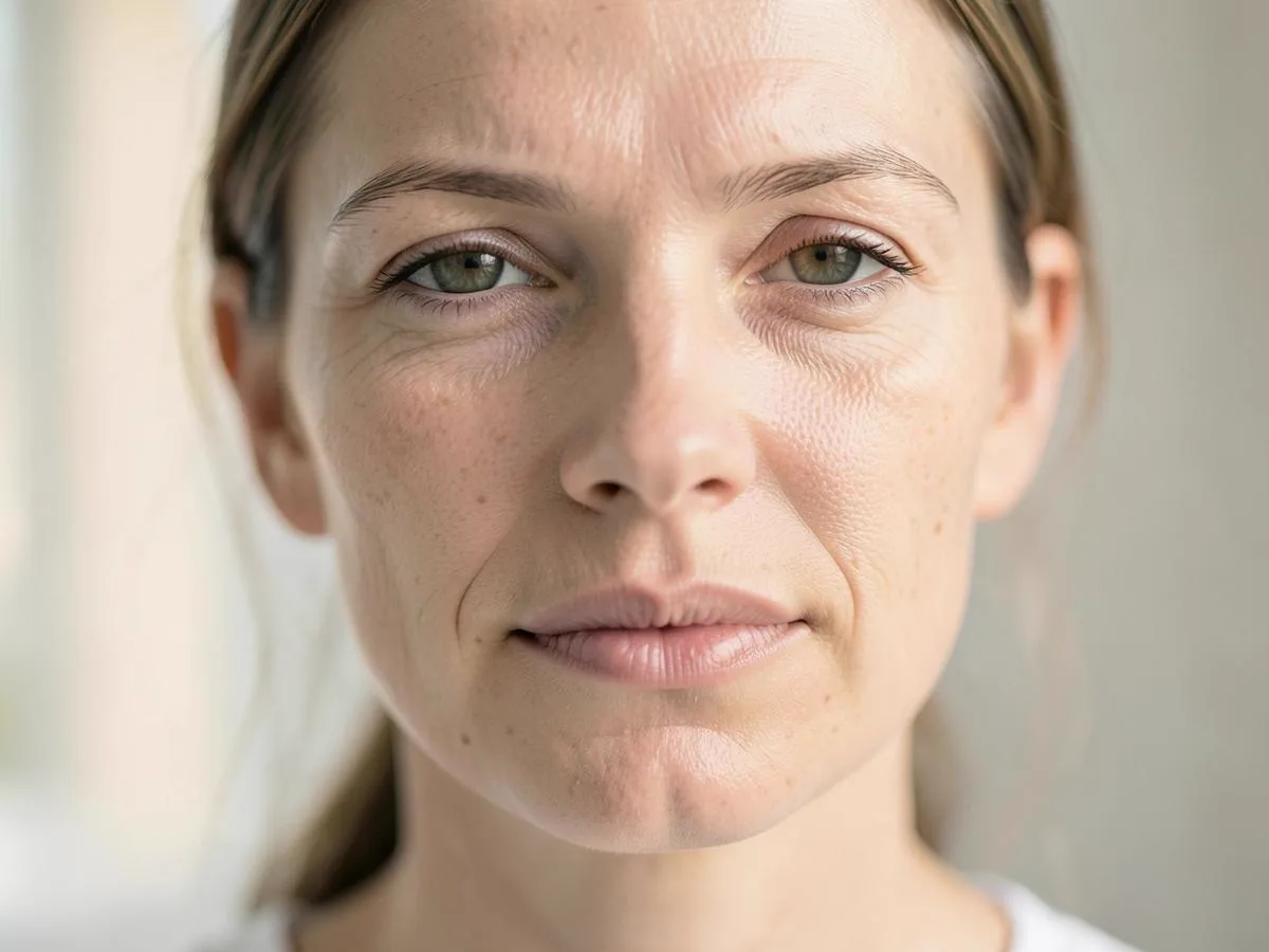 Peau du visage en lumière naturelle, texture non retouchée
